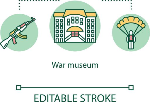 War museum concept icon. National military memorial. Soldier, weapon. Patriotic monument. Warfare history exposition idea thin line illustration. Vector isolated outline drawing. Editable stroke