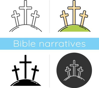 Calvary hill icon. Three crosses at Golgotha mountain. Crucifixion of Jesus Christ. Good Friday. New Testament. Bible narrative. Flat design, linear and color styles. Isolated vector illustrations