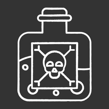 Dangerous liquid chalk icon. Highly hazardous chemicals. Green poison in bottle. Organic chemistry. Poisonous and harmful substance. Skull bones label. Isolated vector chalkboard illustration