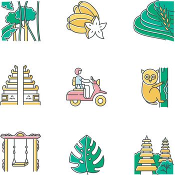 Indonesia color icons set. Tropical country animals. Trip to Indonesian islands. Exploring exotic wildlife. Unique flora and fauna. Bali sightseeing and architecture. Isolated vector illustrations