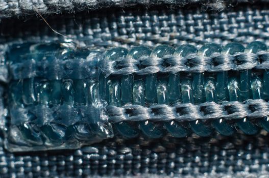 blue zipper stitch clothing close-up, macro photography