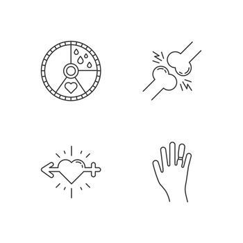 Predmenstrual syndrome linear icons set. Menstrual cycle. Joint pain. Libido racing. Swollen hand. Thin line contour symbols. Isolated vector outline illustrations. Editable stroke. Perfect pixel