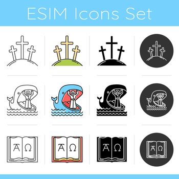 Bible narratives icons set. Calvary, Jonah and whale, Alpha and Omega. Old, New Testament studying. Holy Writ stories. Flat design, linear, black and color styles. Isolated  illustrations
