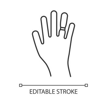 Swelling linear icon. Weight gain. Swollen finger. Bloating on arm. Hand inflation. Predmenstrual symptom. Thin line illustration. Contour symbol. Vector isolated outline drawing. Editable stroke