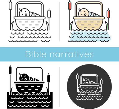 The Birth of Moses Bible story icon. Newborn in basket. Hebrew prophet Religious legend. Exodus Biblical narrative. Glyph, chalk, linear and color styles. Isolated vector illustrations