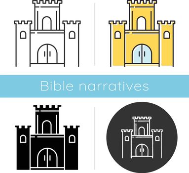 Solomon temple Bible story icon. Jerusalem king castle. Worship building. Religious legend. Holy book scene. Biblical narrative. Glyph, chalk, linear and color styles. Isolated vector illustrations