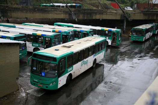 salvador, bahia, brazil - july 27, 2021: Public transport buses are seen parked at the Lapa station in the city of Salvador.