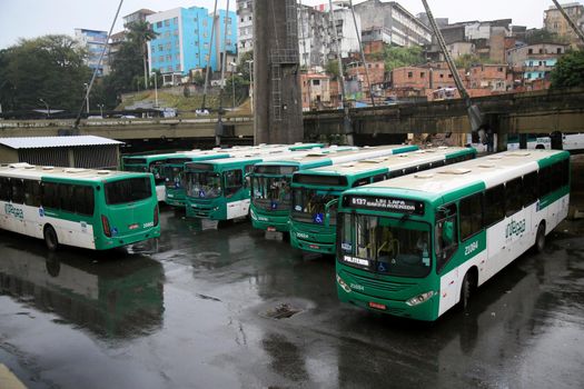 salvador, bahia, brazil - july 27, 2021: Public transport buses are seen parked at the Lapa station in the city of Salvador.