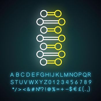 DNA spiral chains neon light icon. Connected dots, lines. Deoxyribonucleic, nucleic acid helix. Molecular biology. Glowing sign with alphabet, numbers and symbols. Vector isolated illustration