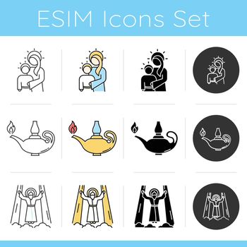 Bible narratives icons set. Virgin Mary, lamp, Ascension of Jesus Christ. New Testament. Gospel studying, learning. Flat design, linear, black and color styles. Isolated vector illustrations