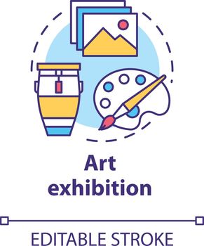 Art exhibition concept icon. Drawing and paintings exposition. Cultural piece. Artwork showcase. Gallery exposition idea thin line illustration. Vector isolated outline drawing. Editable stroke