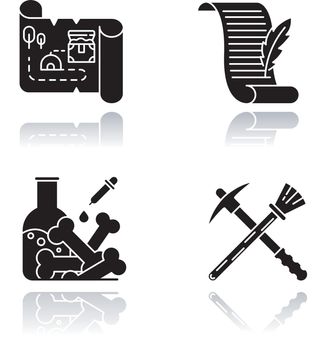 Archeology drop shadow black glyph icons set. Treasure map. Ancient manuscript. Laboratory research. Restoration equipment. Pickaxe and brush. Poetry, letter. Isolated vector illustrations
