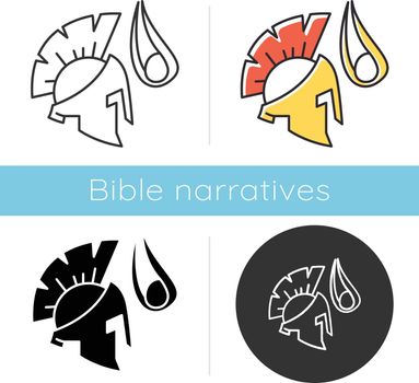 David and Goliath Bible story icon. Legendary giant warrior helmet. Religious legend. Holy book scene plot. Biblical narrative. Glyph, chalk, linear and color styles. Isolated vector illustrations