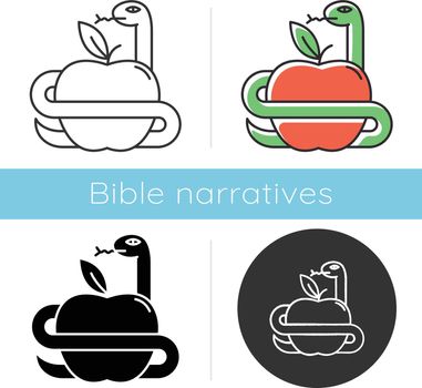 Adam and Eve Bible story icon. Forbidden fruit. Snake and apple. Religious legends. Christian religion. Biblical narratives. Glyph, chalk, linear and color styles. Isolated vector illustrations
