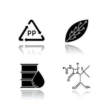 Science and nature drop shadow black glyph icons set. Biotechnology and nanotechnology products. Recycling materials. Working in laboratory. Microbiology scientists. Isolated vector illustrations
