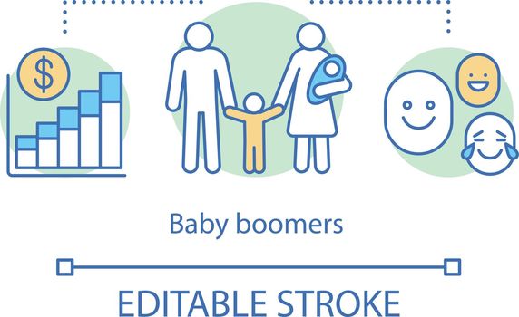 Baby boomers concept icon. Investing in future of children. Family welfare. State support for large families idea thin line illustration. Vector isolated outline drawing. Editable stroke