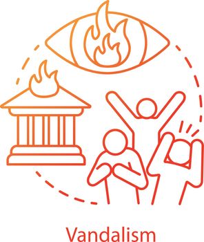 Vandalism concept icon. Civil unrest, property destruction, mob violence idea thin line illustration. Aggressive crowd, burning house and flaming eye vector isolated outline drawing. Violent protest