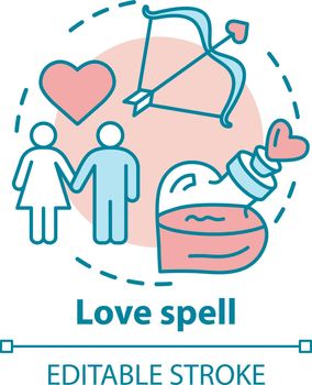 Love spell concept icon. Witchcraft and alchemy idea thin line illustration. Philtre, romantic elixir. Cupid bow, couple in love and magic potion vector isolated outline drawing. Editable stroke