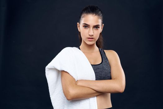 sportive woman with towel exercise fitness lifestyle. High quality photo