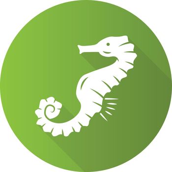 Seahorse green flat design long shadow glyph icon. Exotic marine fish. Aquatic creature with horse shape body. Aquarium animal. Swimming underwater organism. Vector silhouette illustration