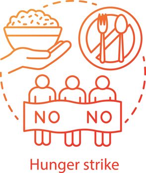 Hunger strike concept icon. Voluntary food refuse, nonviolent protest idea thin line illustration. Protesters with banner, rice and tableware vector isolated outline drawing. Social demonstration