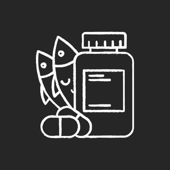 Vitamin intake chalk icon. Fish oil supply. Omega-3 supplement. Medication and pills. Multivitamin complex. Diet supply. Healthcare and nutrition. Pharmacy. Isolated vector chalkboard illustration