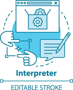 Interpreter concept icon. Help and support center. Computer code testing. Information technology. Program setup idea thin line illustration. Vector isolated outline drawing. Editable stroke