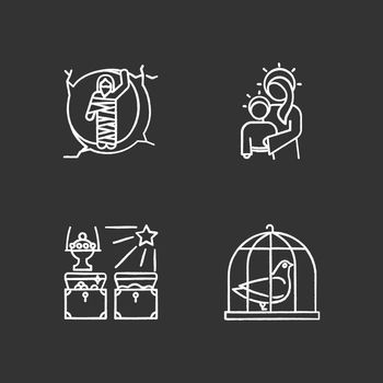 Bible narratives chalk icons set. Resurrected Lazarus, Virgin Mary with son Jesus, gifts of the magi, pigeon in cage. Easter week. Gospel stories. Holy writ. Isolated vector chalkboard illustrations
