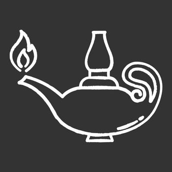 Lamp chalk icon. Lit glowing ancient oil lantern. Bible spiritual symbol. Middle Eastern fairytale burning lamp. Arab legend. Christian narrative. Isolated vector chalkboard illustration