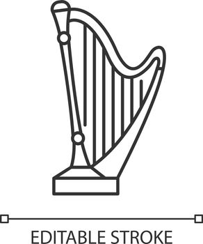 Psalms of David Bible story linear icon. Golden harp, sacred musical instrument. Biblical narrative. Thin line illustration. Contour symbol. Vector isolated outline drawing. Editable stroke