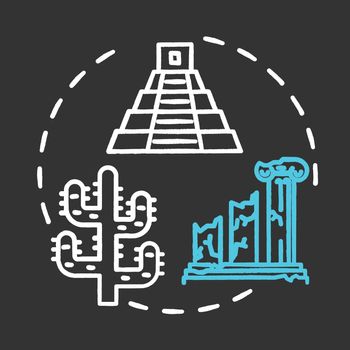 Open-air museum chalk concept icon. Historical architecture exhibition. Temple ruins and colonnade. Folk building. Archeological exposition idea. Vector isolated chalkboard illustration