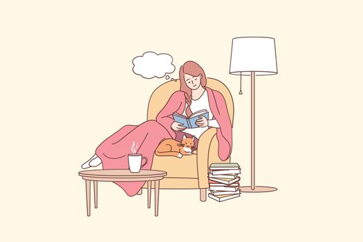 Enjoying daily lifestyle concept. Young smiling woman cartoon character sitting in armchair with cat reading book in cosy home and resting vector illustration