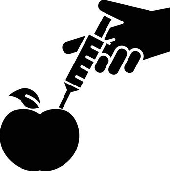 Apple with syringe glyph icon. Genetically modified food. Organic chemistry. DNA modification. Agricultural technologies. Silhouette symbol. Negative space. Vector isolated illustration