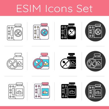 Birth control icons set. Unintended pregnancy prevention. Oral contraceptive pills. Predmenstrual syndrome prescription. Flat design, linear, black and color styles. Isolated vector illustrations