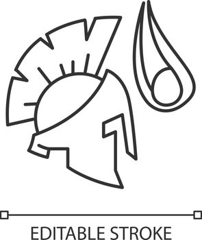 David and Goliath Bible story linear icon. Legendary giant warrior helmet. Biblical narrative. Thin line illustration. Contour symbol. Vector isolated outline drawing. Editable stroke