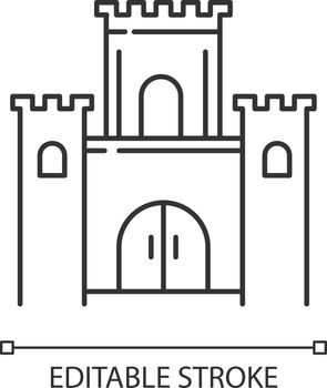 Solomon temple Bible story linear icon. Jerusalem king castle. Worship building. Biblical narrative. Thin line illustration. Contour symbol. Vector isolated outline drawing. Editable stroke