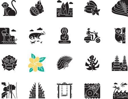 Indonesia glyph icons set. Tropical animals. Trip to Indonesian islands. Exotic culture. Unique fruits and plants. Nature and architecture wonders. Silhouette symbols. Vector isolated illustration