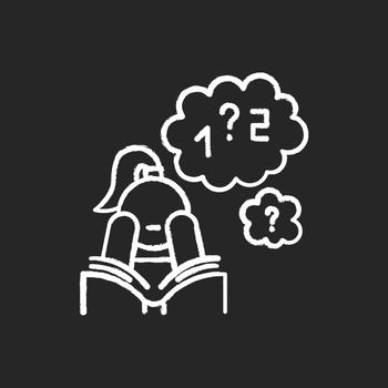 Poor concentration chalk icon. Math problem solving. Algebra studying. Wandering focus. Boring read. Attention deficit. Low motivation. Girl with ADHD. Isolated vector chalkboard illustration