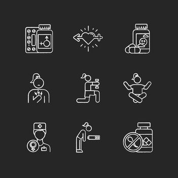 Predmenstrual syndrome chalk icons set. Replacement therapy. Gynecology. Libido racing. Antidepressant. Fatigue. Birth control. Chest pain. Exercise. Isolated vector chalkboard illustrations