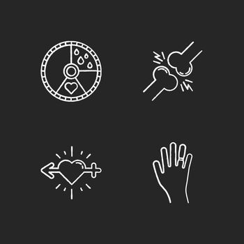 Predmenstrual syndrome chalk icons set. Menstrual cycle. Joint pain. Libido racing. Sex drive. Swollen hand. Muscle strain. Gain weight. Sport trauma. Isolated vector chalkboard illustrations