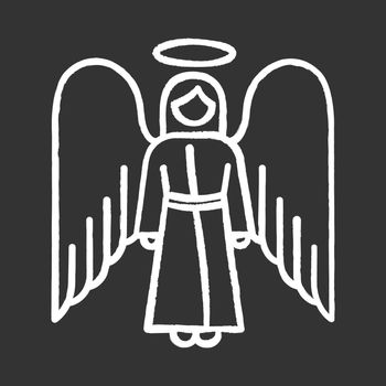 Angel chalk icon. Biblical archangel. Human figure in robe with wings and halo. Christmas holy angel. Gods messenger. Bible narrative. Christian symbol. Isolated vector chalkboard illustration