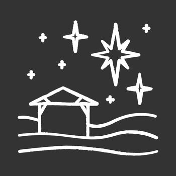 Christmas star chalk icon. Christian holy night. Christmas eve. Starry sky and small house. Birth of Jesus Christ. Star of Bethlehem. Bible story. Isolated vector chalkboard illustration