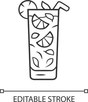 Moxito linear icon. Mojito cocktail in highball glass slice of citrus and straw. Mixed drink with mint, lemon. Thin line illustration. Contour symbol. Vector isolated outline drawing. Editable stroke