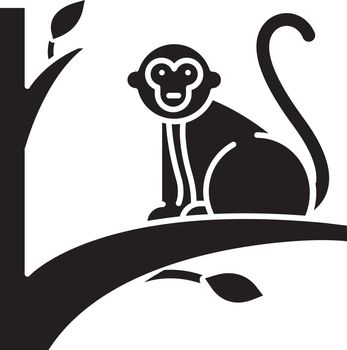 Monkey on tree glyph icon. Tropical country animal, mammal. Exploring exotic Indonesia islands wildlife. Primate sitting. Silhouette symbol. Negative space. Vector isolated illustration