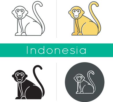 Monkey icon. Tropical country animals, mammals. Trip to Indonesia zoo. Exploring exotic wildlife. Primate sitting. Linear, black, chalk and color styles. Isolated vector illustrations