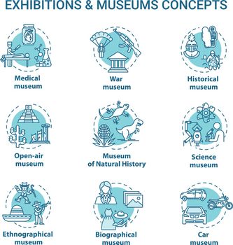 Museum exhibition concept icons set. Ethnographical and biographical exposition. Natural history. Open-air display idea thin line illustrations. Vector isolated outline drawings. Editable stroke