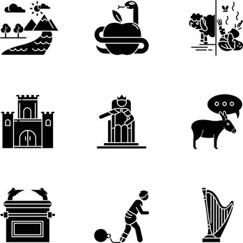 Bible narratives glyph icons set. Adam and Eve, Solomon Temple myths. Religious legends. Christian religion, holy and sacred book, Biblical stories. Silhouette symbols. Vector isolated illustration