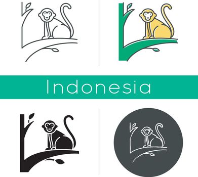 Baby monkey icon. Tropical country animal, mammal. Exploring Indonesian islands wildlife. Cute primate sitting. Linear, black, chalk and color styles. Isolated vector illustrations
