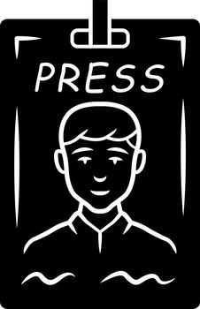 Press pass glyph icon. Journalist, reporter ID badge. Press identification card. Backstage VIP entry permit, conference entrance ticket. Silhouette symbol. Negative space. Vector isolated illustration