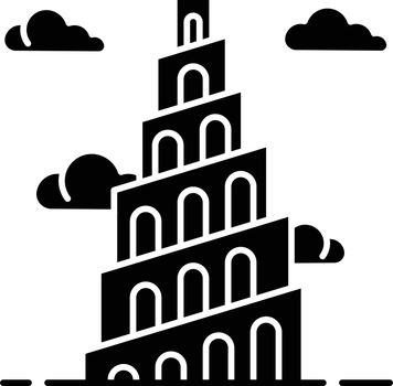 Babel Tower Bible story glyph icon. Ziggurat. High structure in Babylonia. Religious legend. Exodus Biblical narrative. Silhouette symbol. Negative space. Vector isolated illustration
